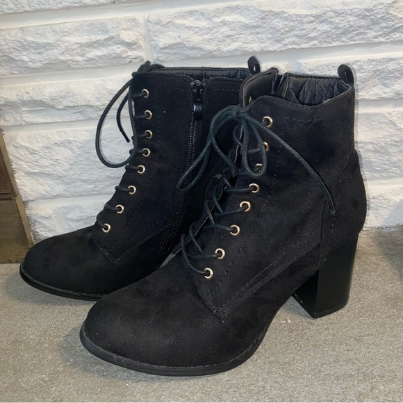 Size 8 1/2 black suede ankle boots: 3 inch heel, gold lacing decal, black laces. - Picture 1 of 3